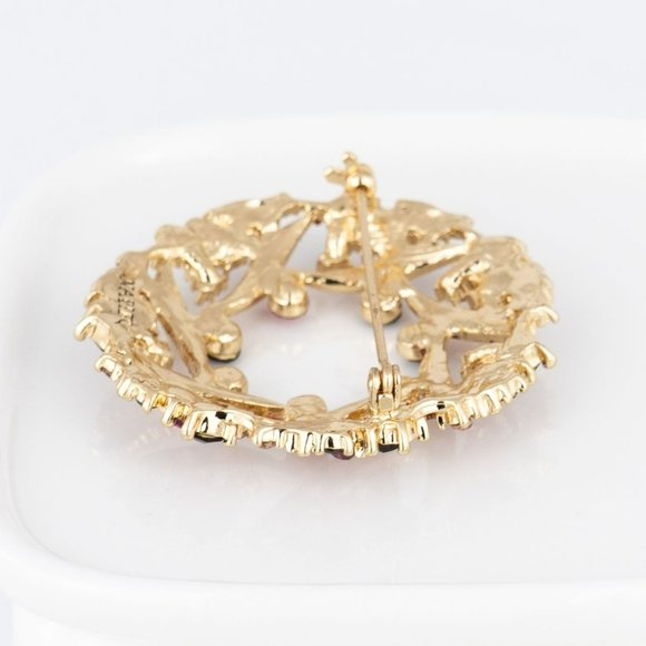 Vintage Napier Brooch Signed Gold Tone Circle Wreath Bright Deep Red Baby Pink - Picture 7 of 7